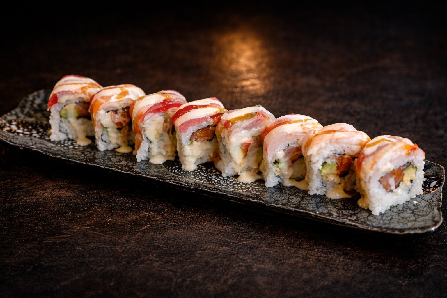 A salmon-topped sushi roll on a dark stone plate