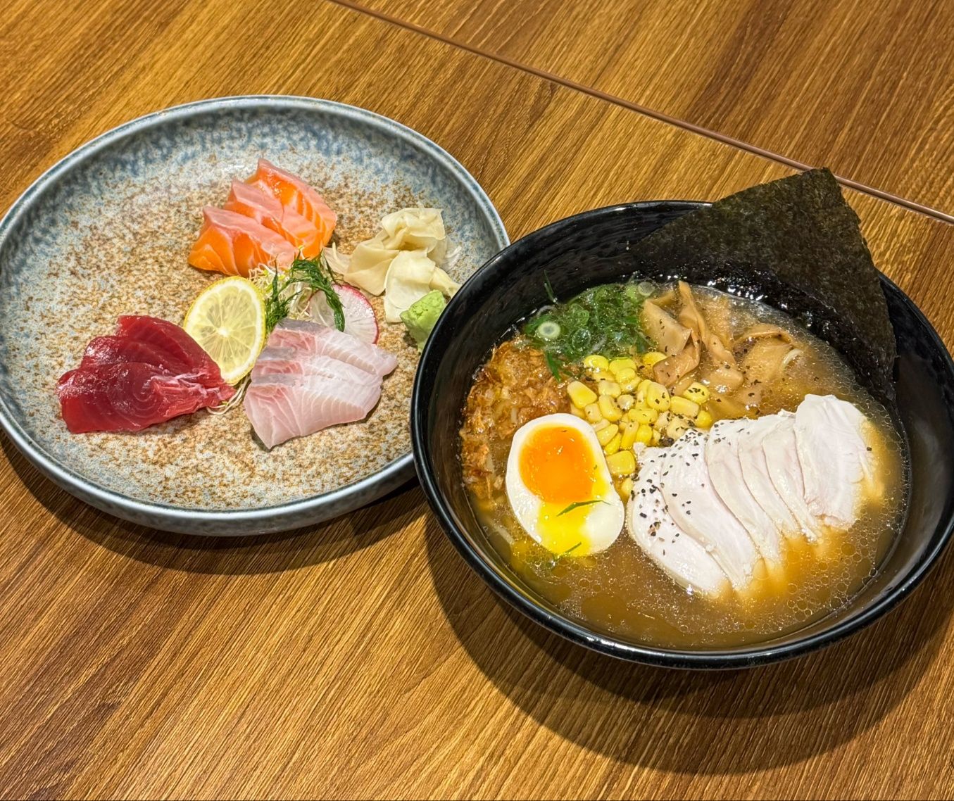Sashimi and tori ramen at Yuzu Merrylands