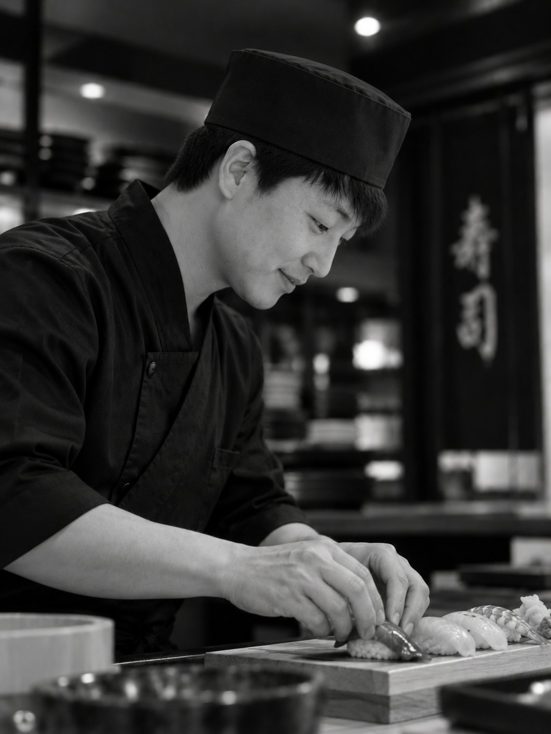 Jun Park, owner-chef of Yuzu North Strathfield, plating nigiri at the sushi counter