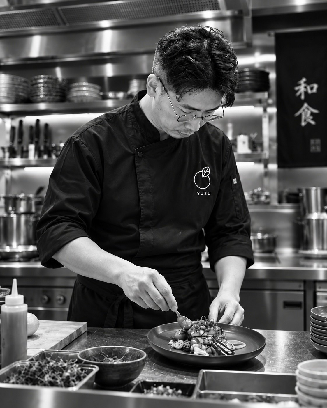 Jay Lee, chef at Yuzu Norwest, plating a dish in the kitchen